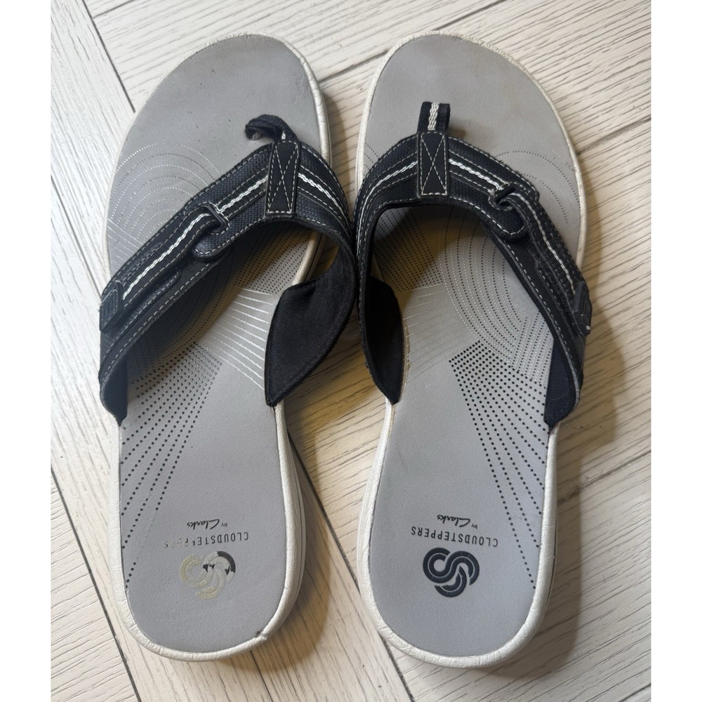 CLARKS Sunmaze Cloudsteppers Size 8 Black Women Flip Flop Wedge Sandals Sz 9